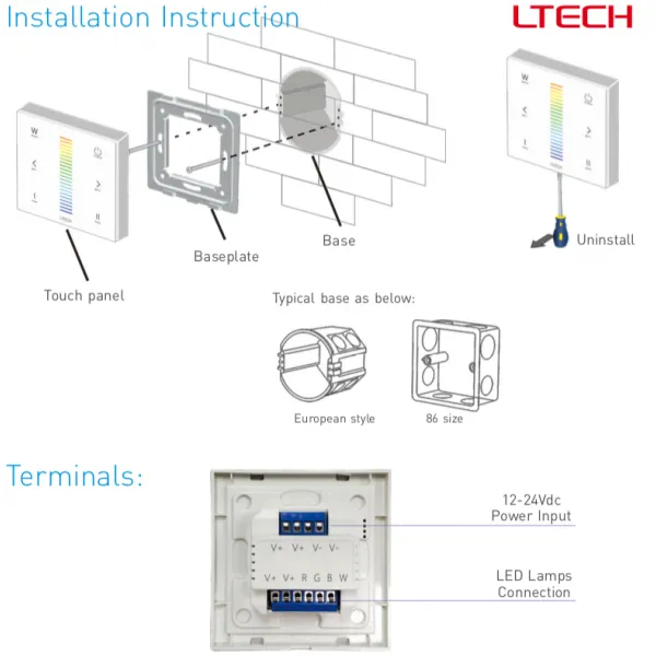 RF2.4GHz RGBW Touch Panel, PWM Power O/P, RGBW Dim, 12/24Vdc, 288W 12A, Single/Multi Zone Support. E4S  LTECH Touch Panel